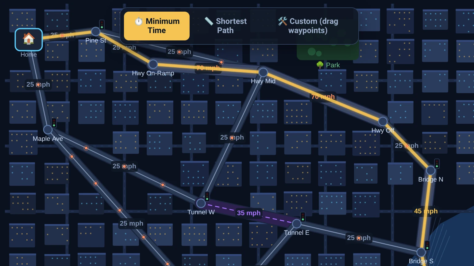 Math Education Game screen of a city route map with minimum-time and shortest-path route choices